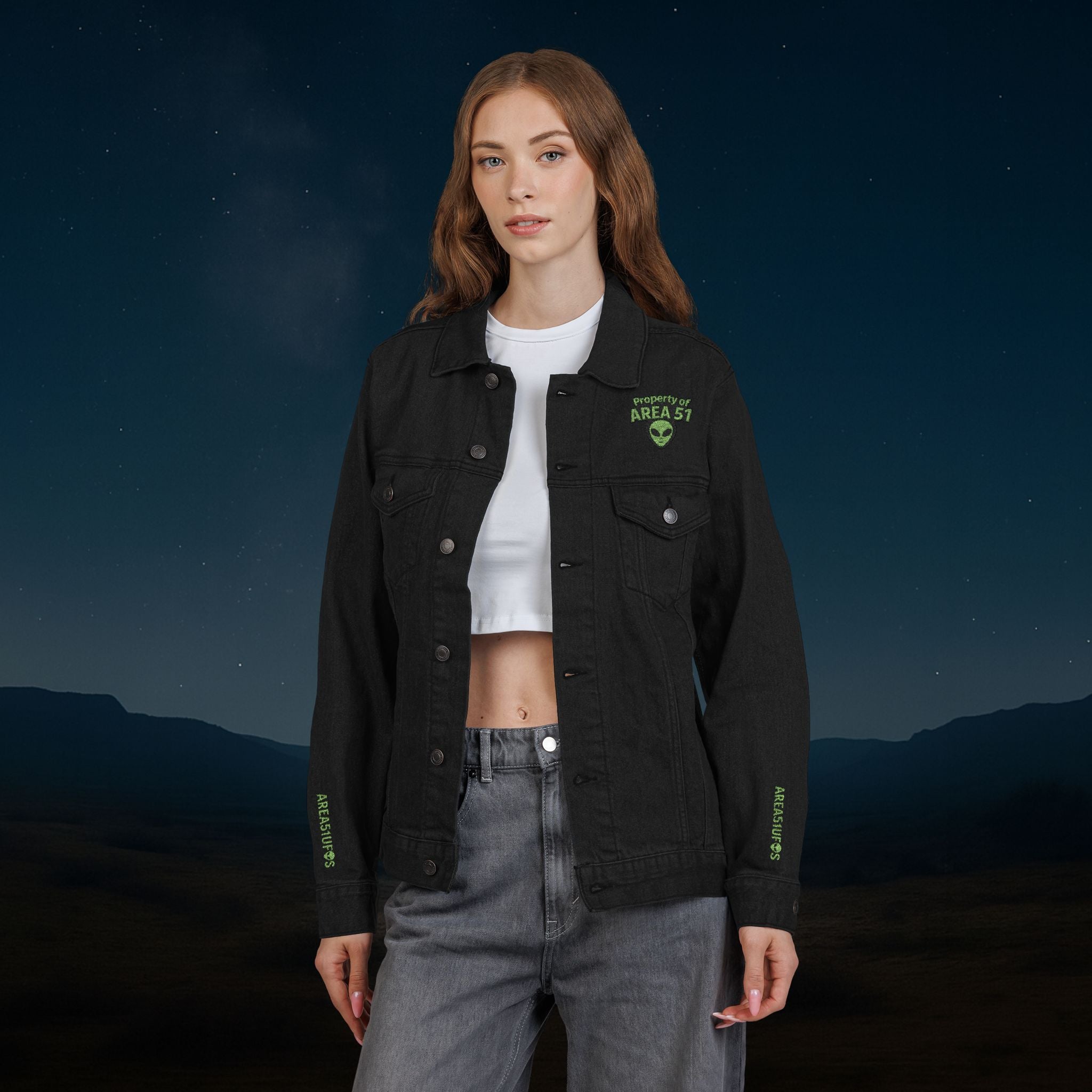 “Property of Area 51” Embroidered Denim Jacket – Alien Transmissions Edition