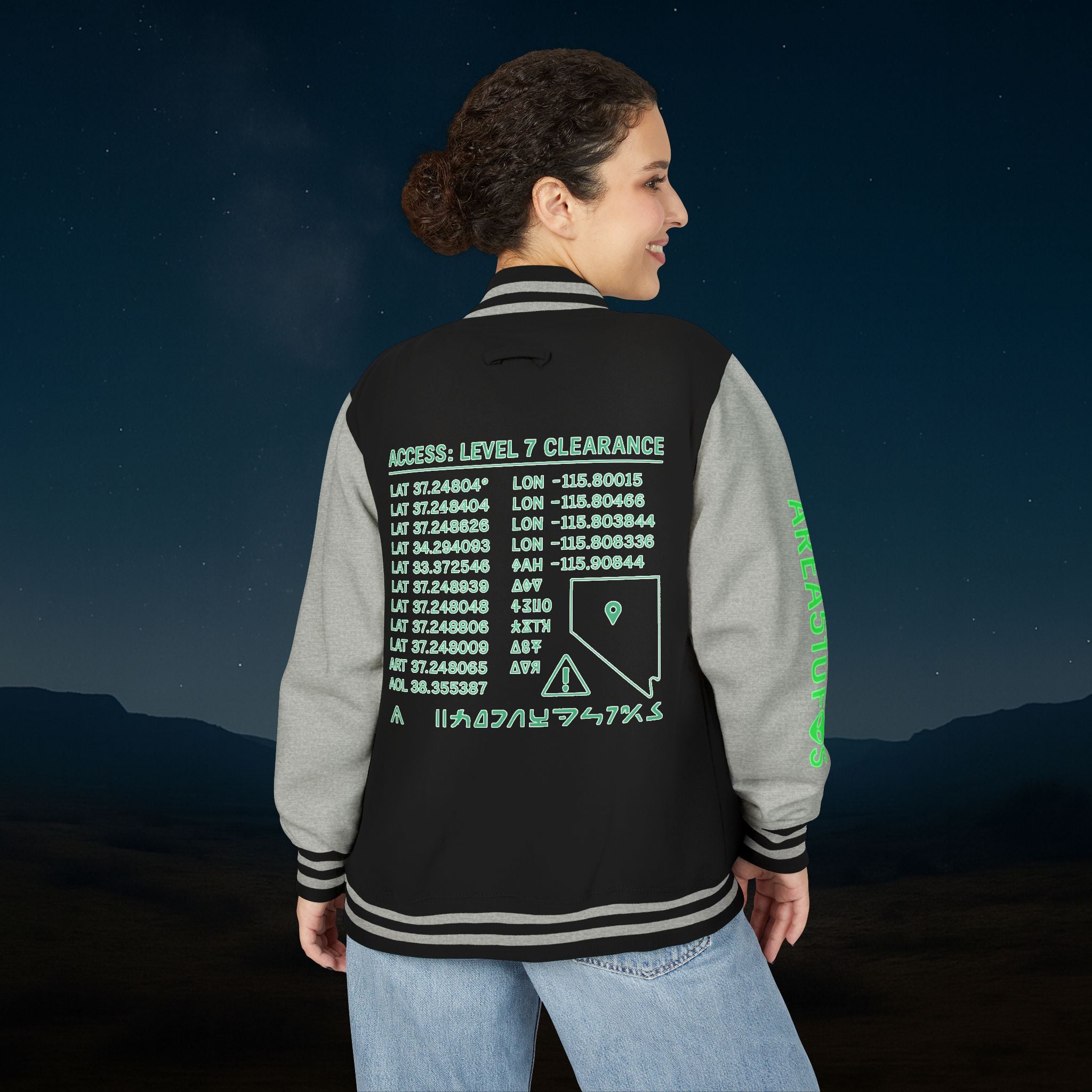 “Property of Area 51” Printed Letterman Jacket – Alien Transmissions Edition