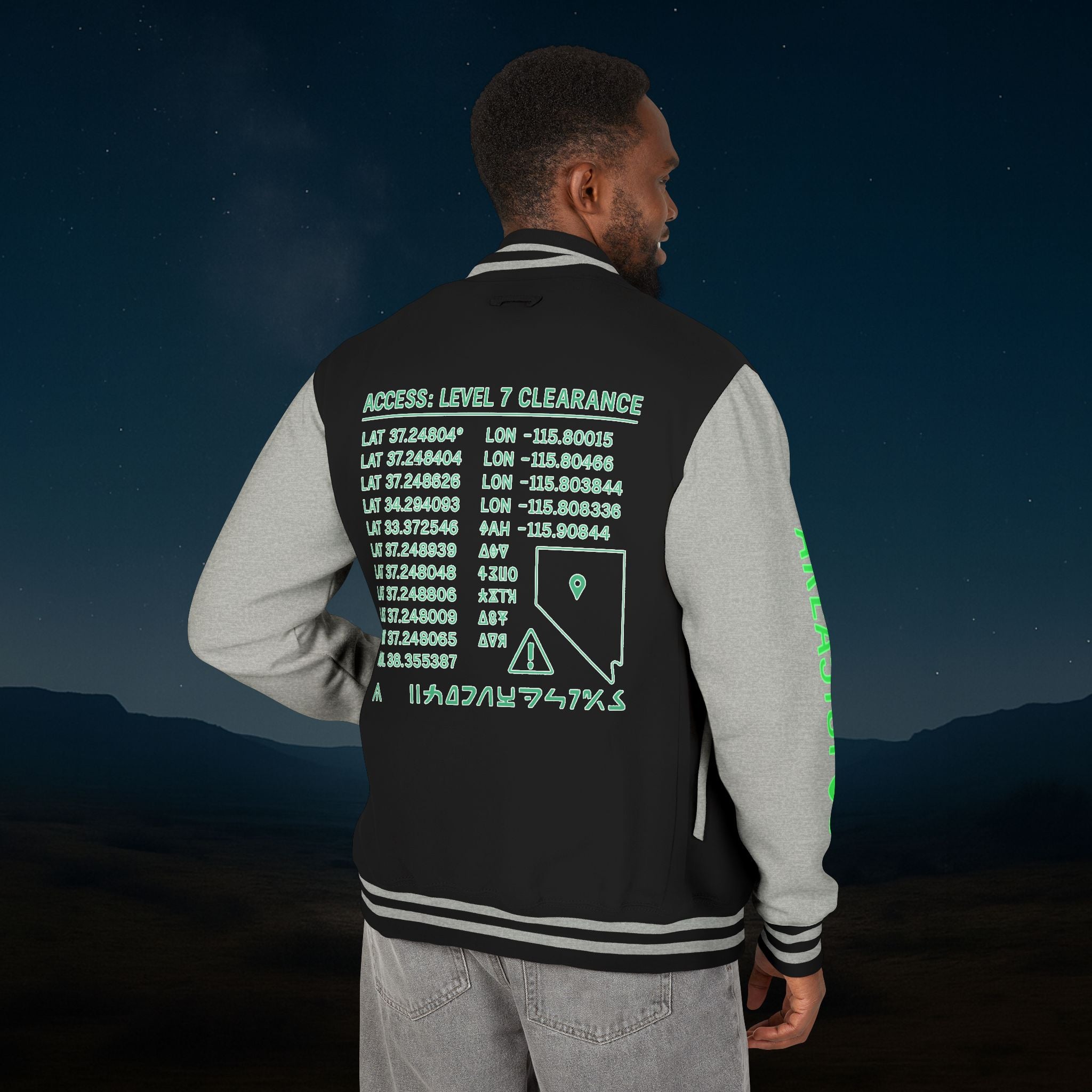 “Property of Area 51” Printed Letterman Jacket – Alien Transmissions Edition
