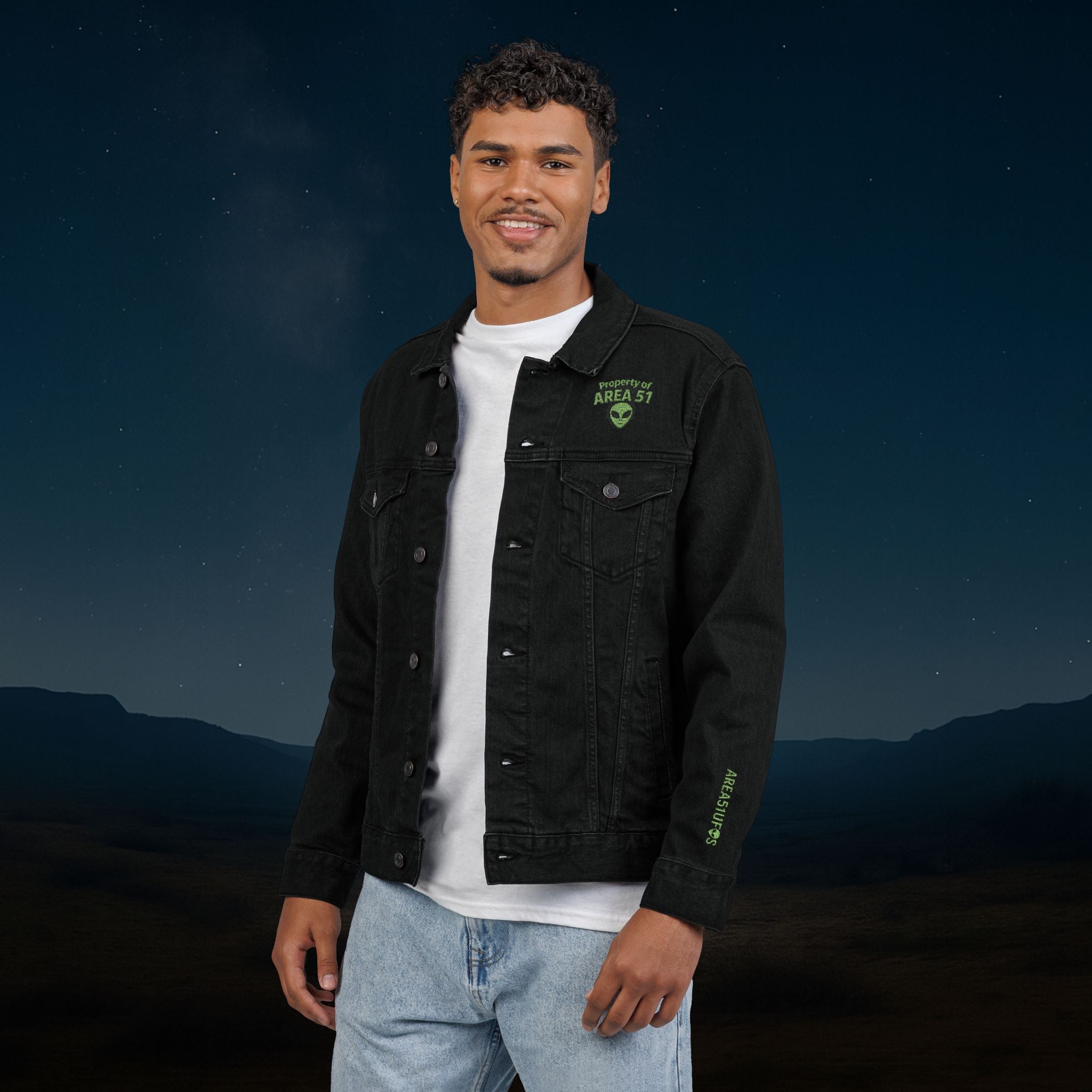 “Property of Area 51” Embroidered Denim Jacket – Alien Transmissions Edition