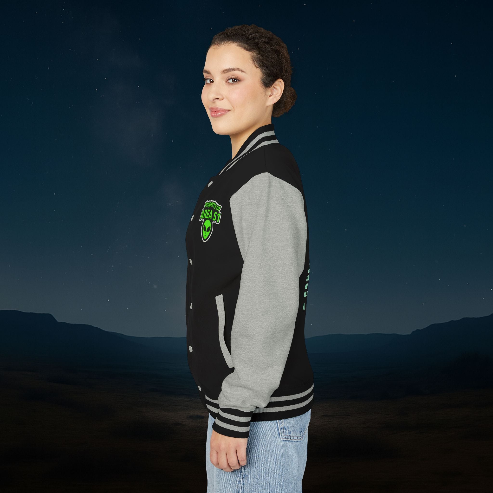 “Property of Area 51” Printed Letterman Jacket – Alien Transmissions Edition