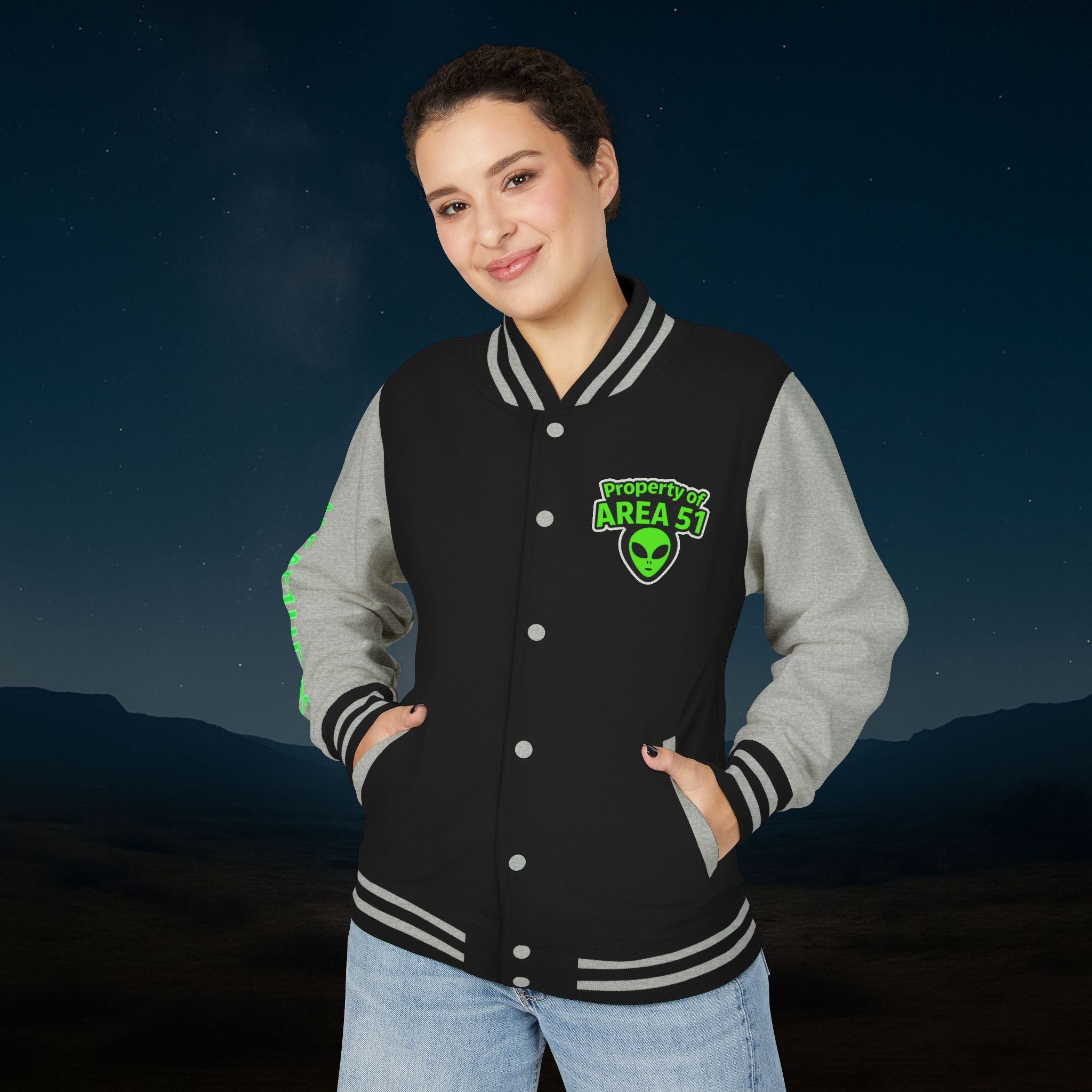 “Property of Area 51” Printed Letterman Jacket – Alien Transmissions Edition