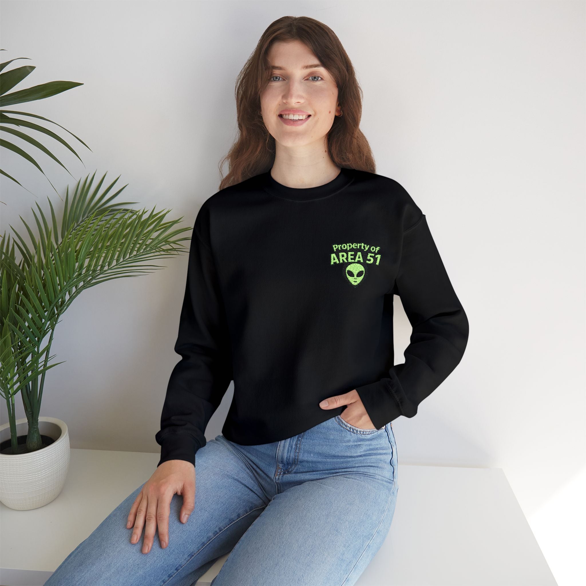 Person wearing a black sweatshirt with 'Property of Area 51' print, sitting on a white surface with a plant in the background.