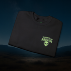 Black sweatshirt with 'Property of Area 51' alien graphic on a dark background